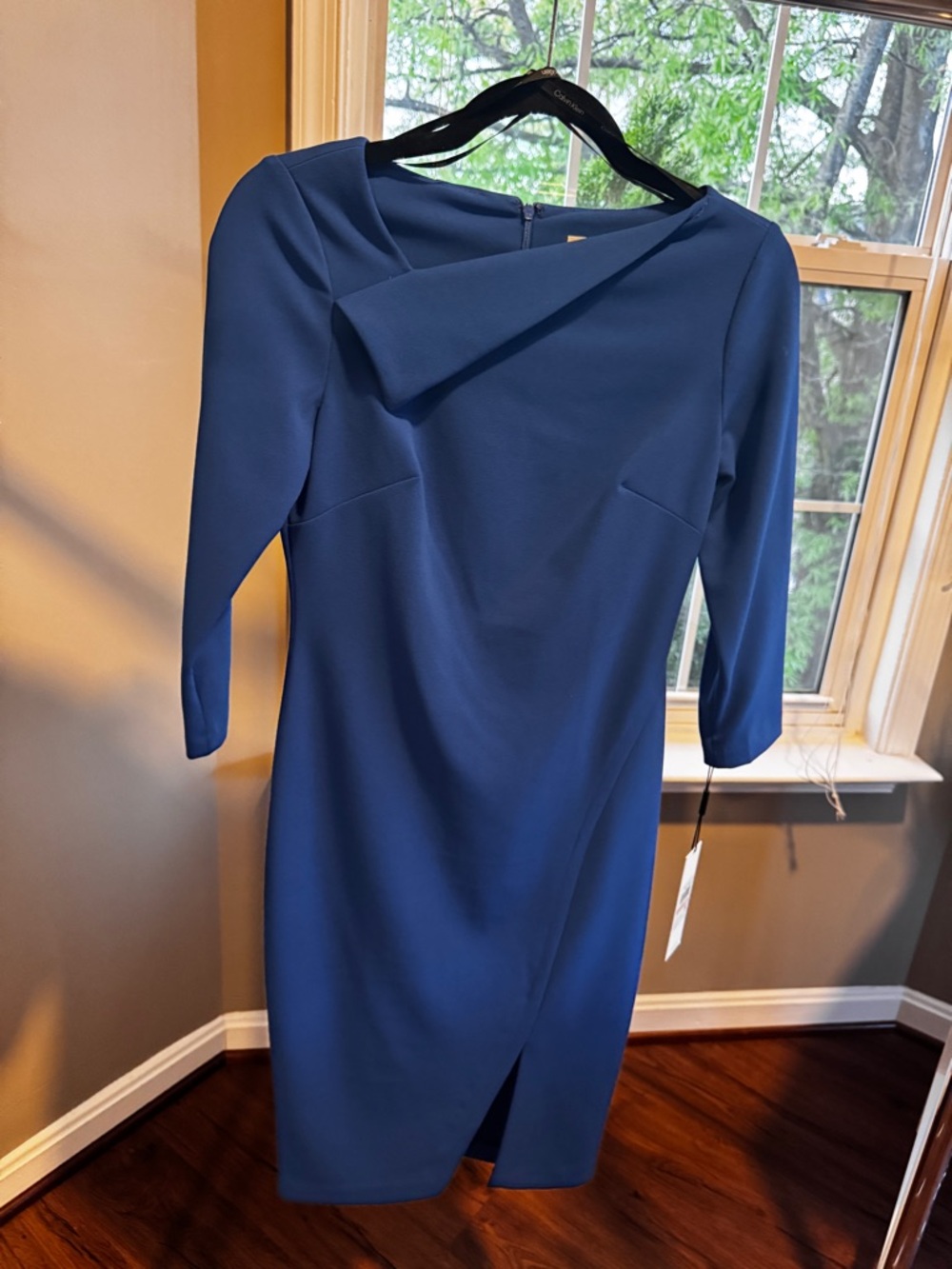Calvin Klein Blue Long-Sleeve Asymmetric Neck Sheath Dress